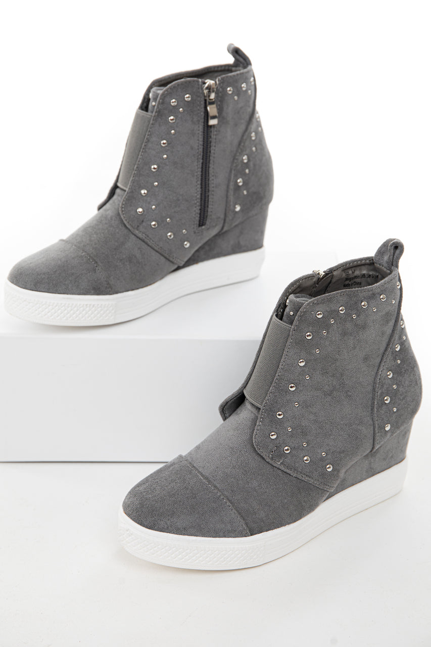 Ash Grey Faux Suede Wedge Sneakers with Silver Stud Details