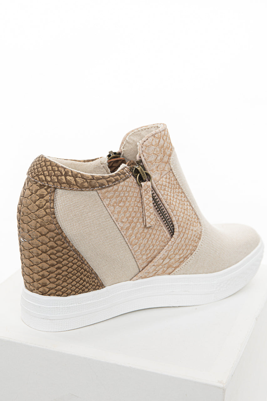 Beige and Snakeskin Print Wedge Sneakers with Dual Zippers 