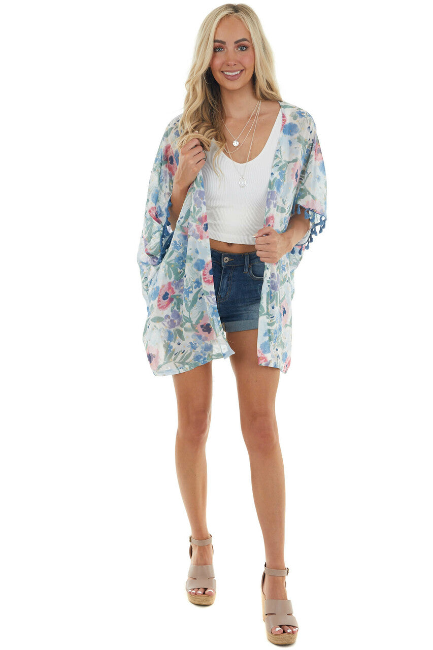 Dusty Blue Floral Chiffon Open Front Kimono