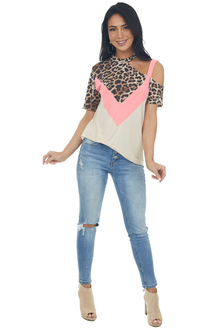 Beige and Neon Pink Leopard Print Top