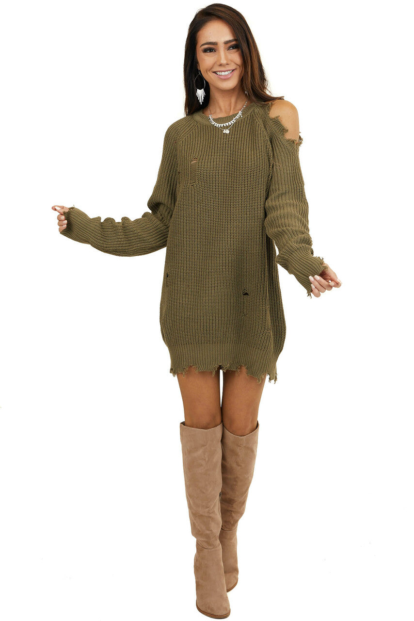 Olive Cold Shoulder Sweater Dress with Distressed Details