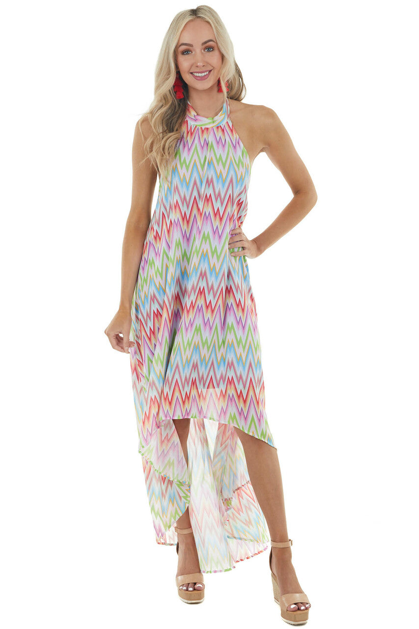 Rainbow Chevron Open Back High Low Halter Tie Neck Dress
