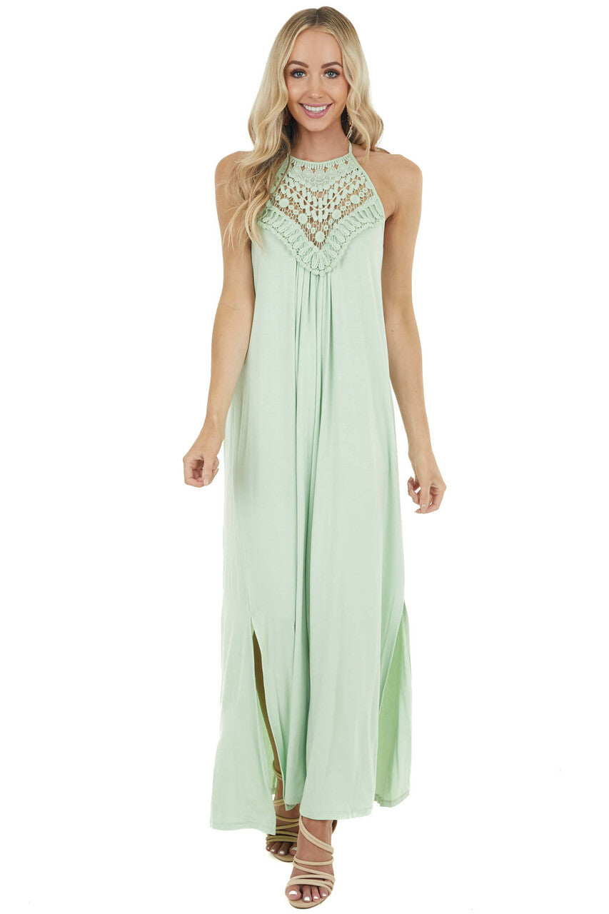 Pale Mint Sleeveless Maxi Dress with Front Lace Detail