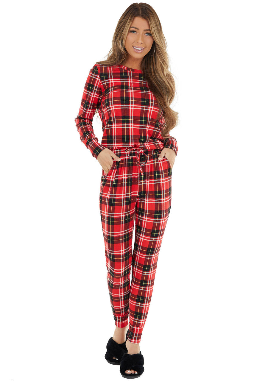 Crimson and Black Plaid Pajama Top and Joggers Set