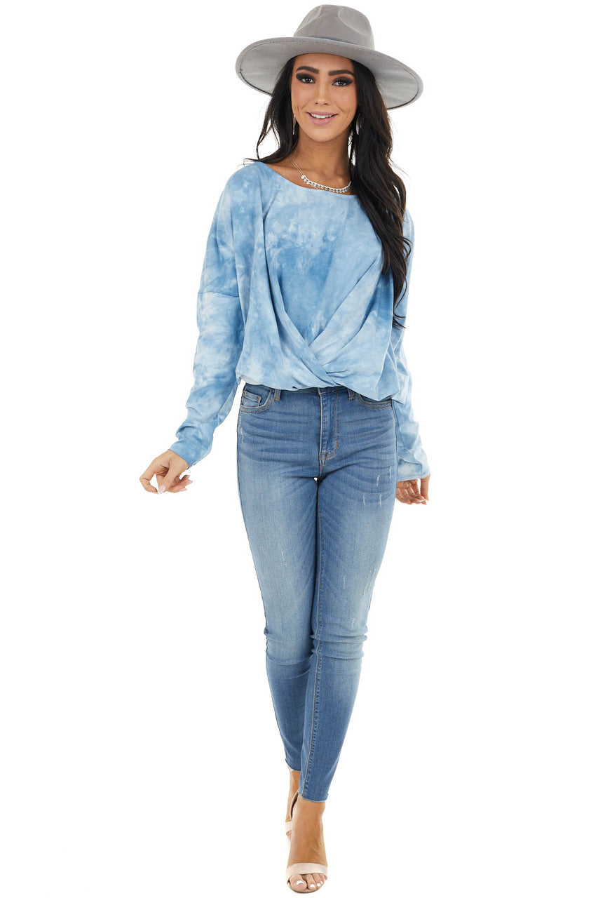 Powder Blue Tie Dye Long Sleeve Top with Elastic Hemline