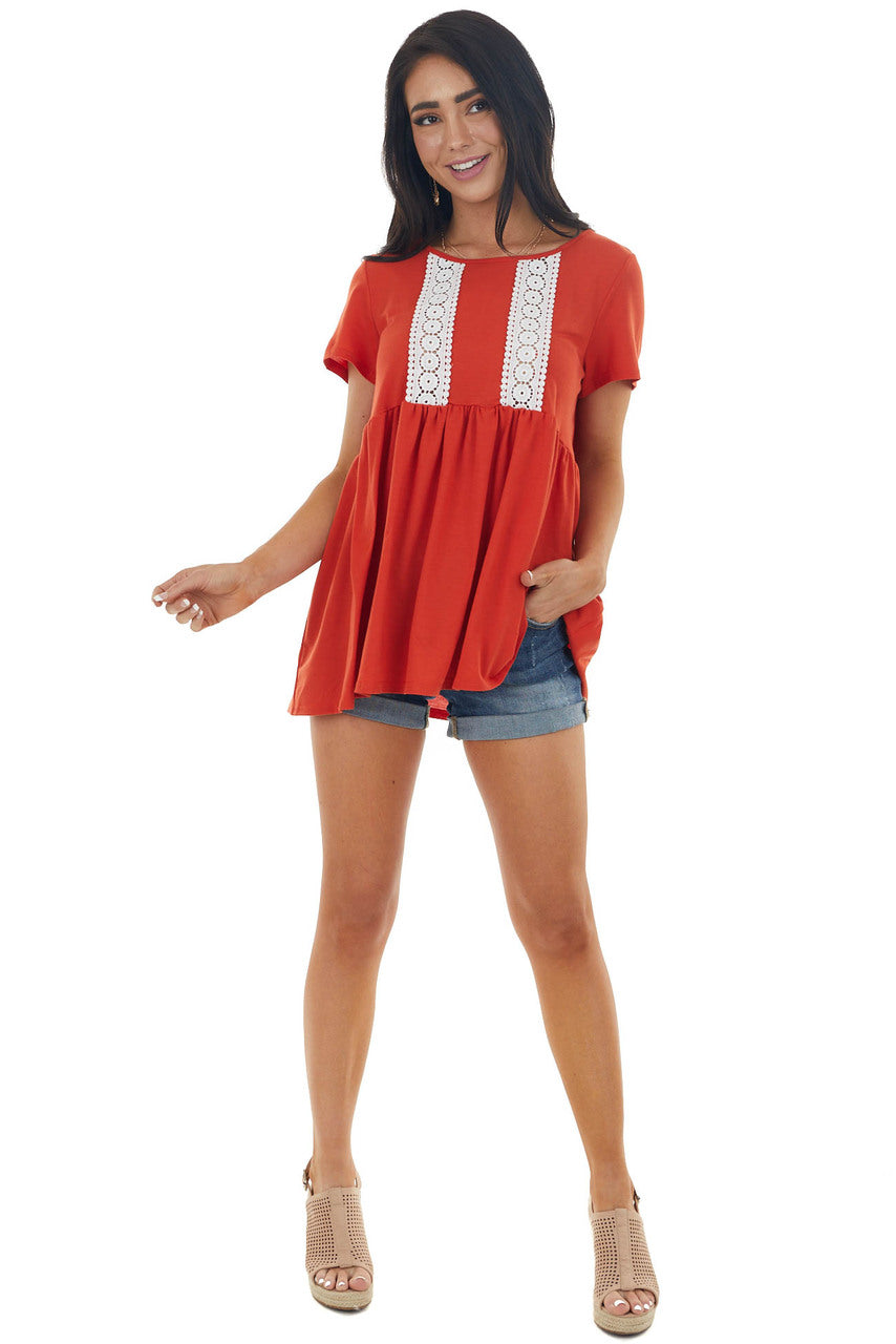 Rust Short Sleeve Top with Lace Detail 