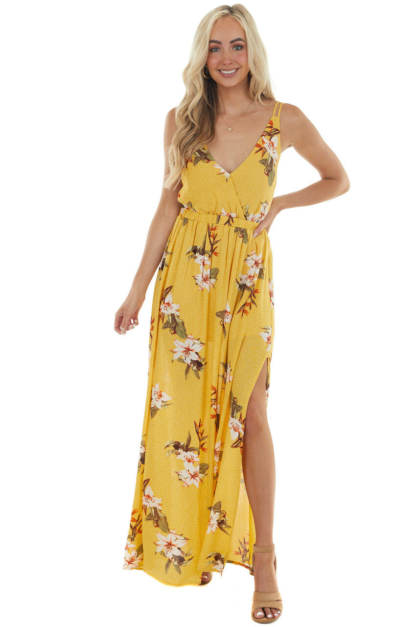 Canary Yellow Floral and Polka Dot Print Maxi Dress