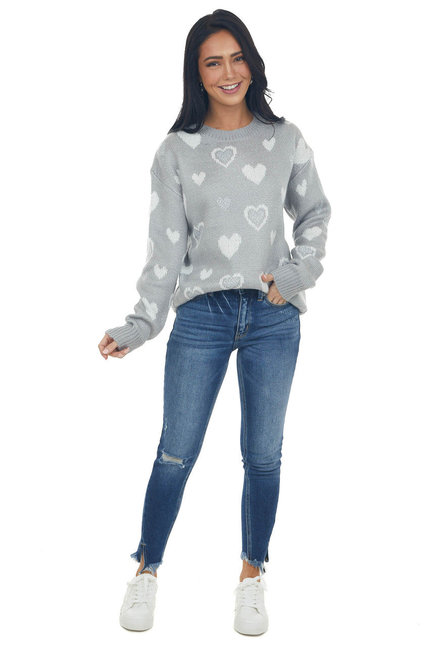 Dove Grey Heart Print Metallic Knit Sweater