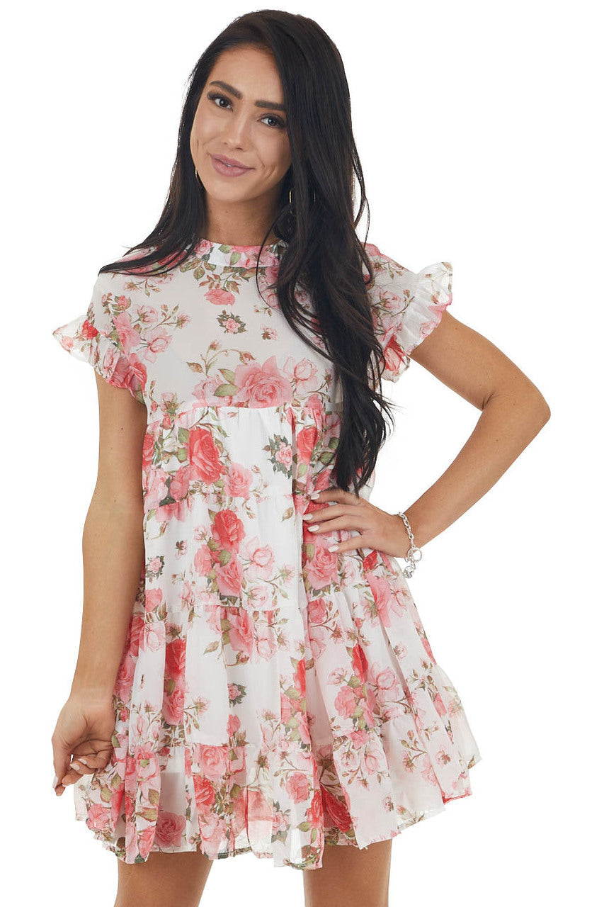 Ivory Floral Print Babydoll Short Dress with Short Sleeves 