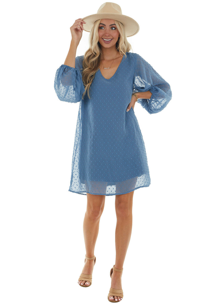 Ocean Long Bubble Sleeve Swiss Dot Short Dress