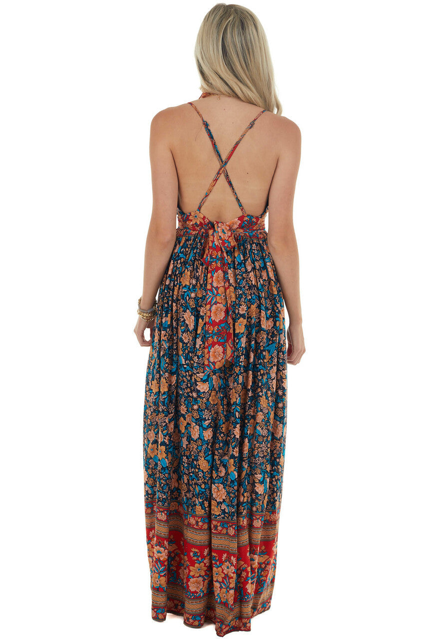 Navy and Red Floral Print Backless Maxi Dress 