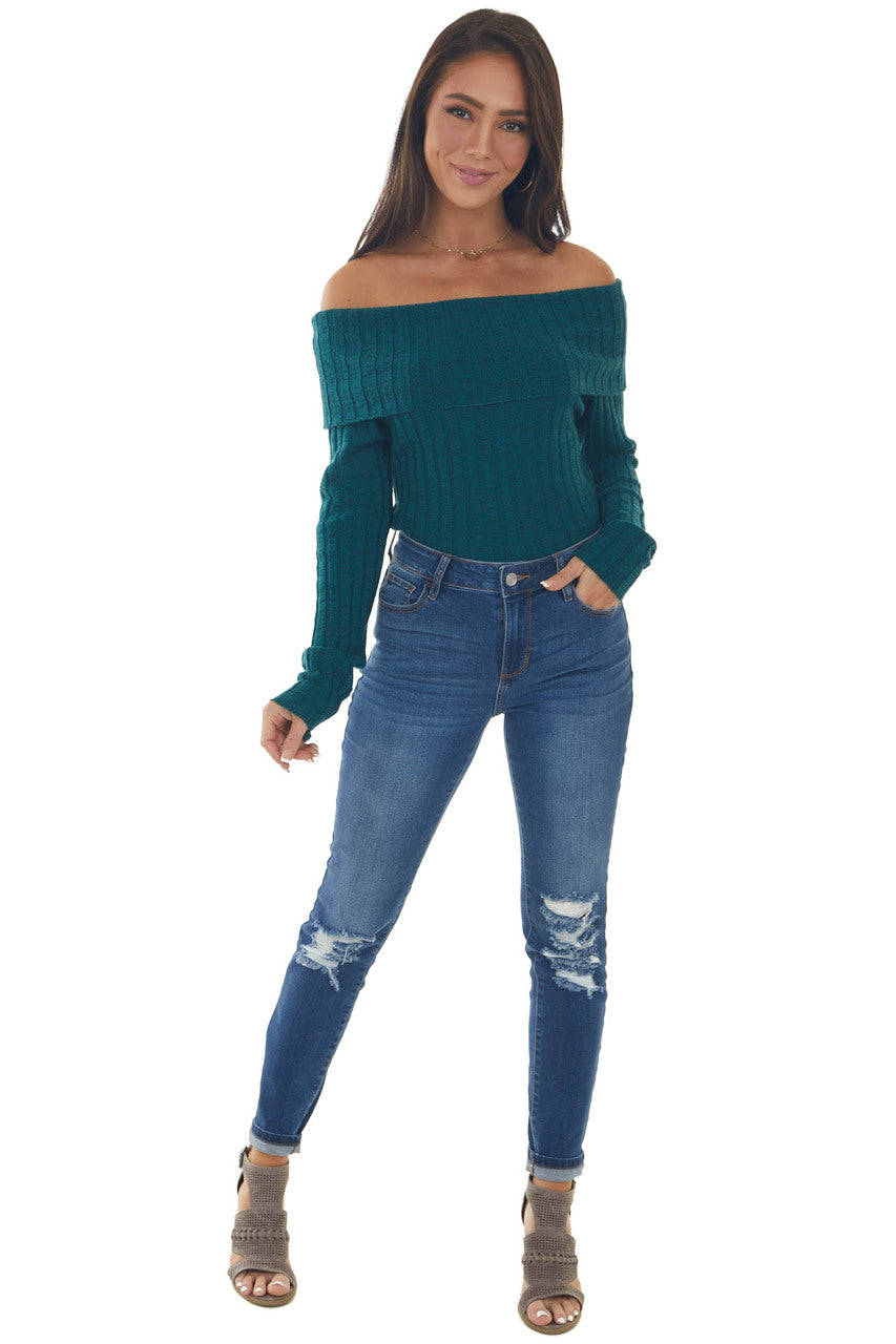 Rich Pine Off Shoulder Ribbed Knit Bodysuit
