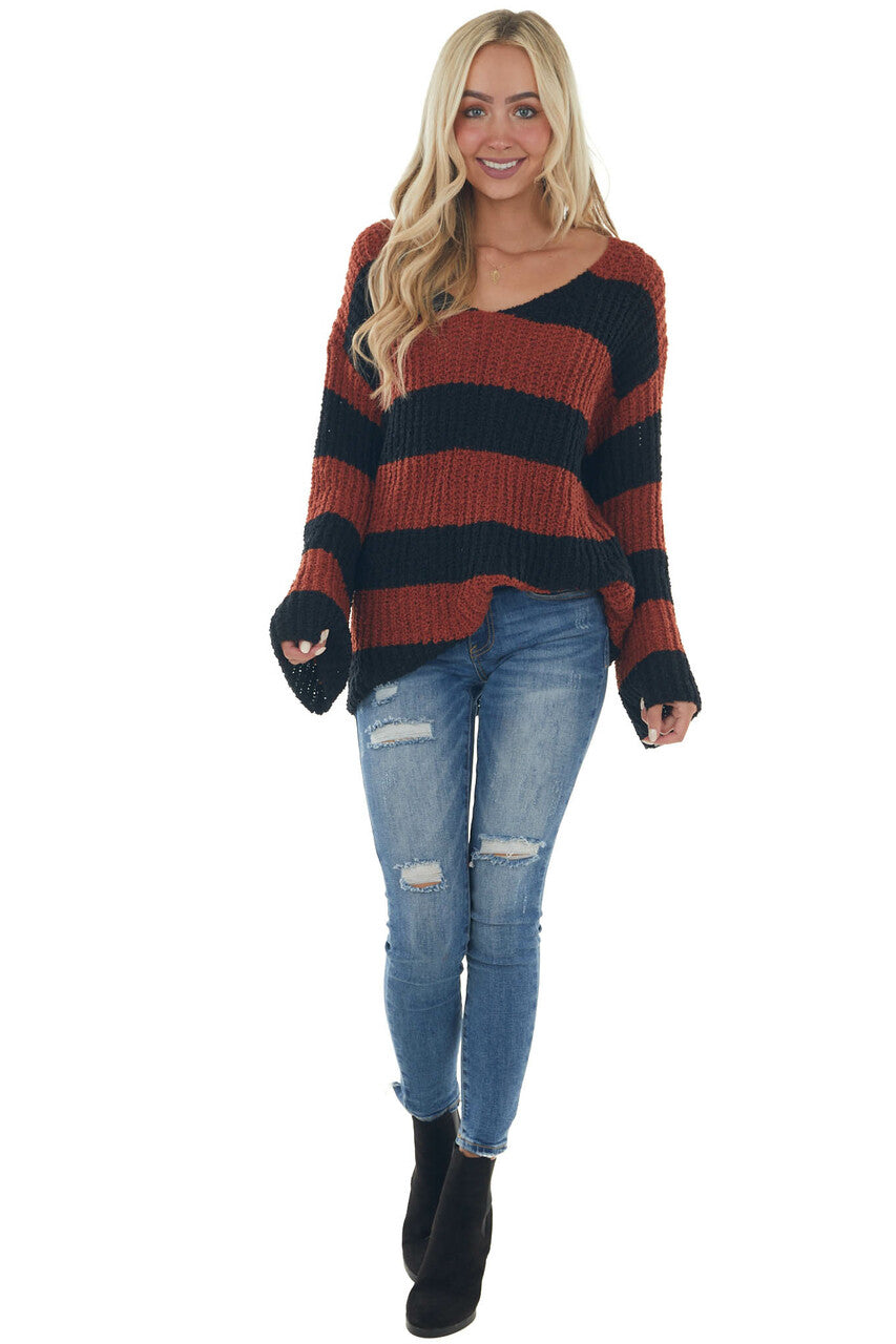 Rust and Black Striped Soft Knit Sweater 