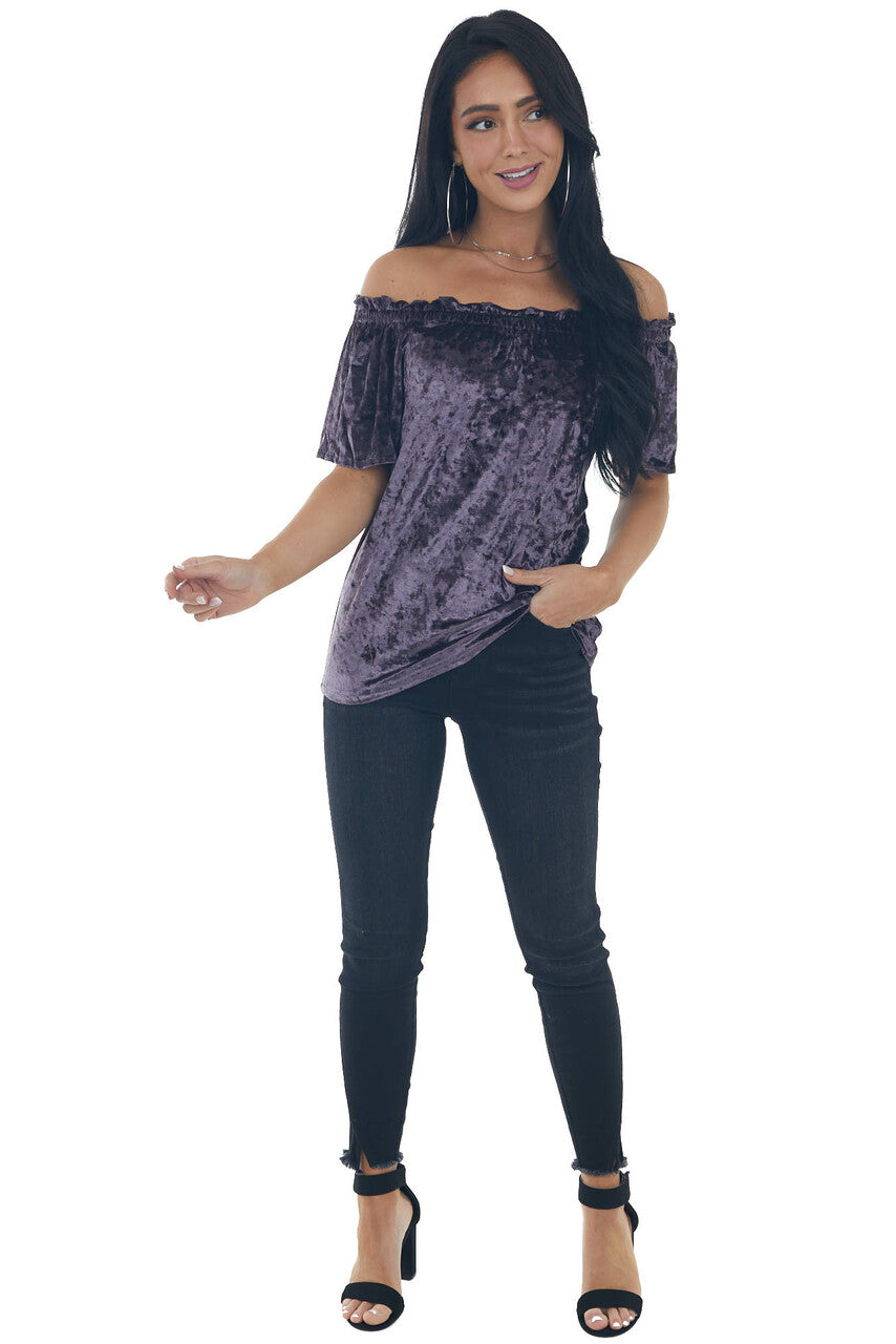 Violet Velvet Frilled Off the Shoulder Top