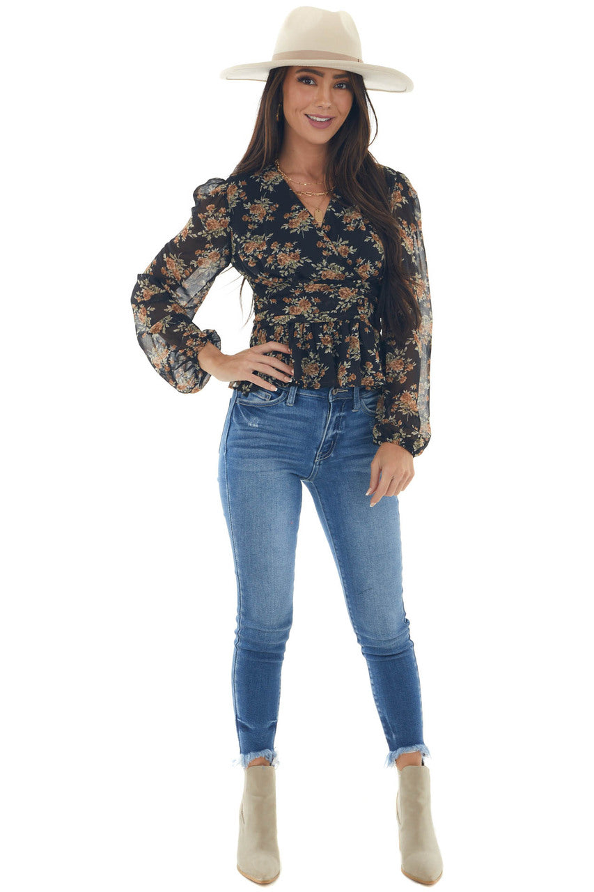 Black Floral Surplice Long Sleeve Woven Top