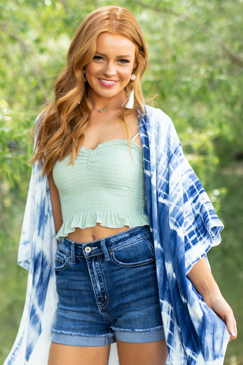 Sage Smocked Crop Tank Top with Ruffle Detail 