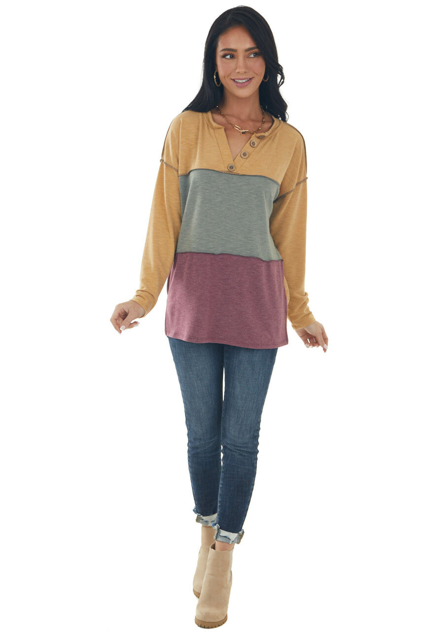 Amber and Berry Colorblock Henley Knit Top 