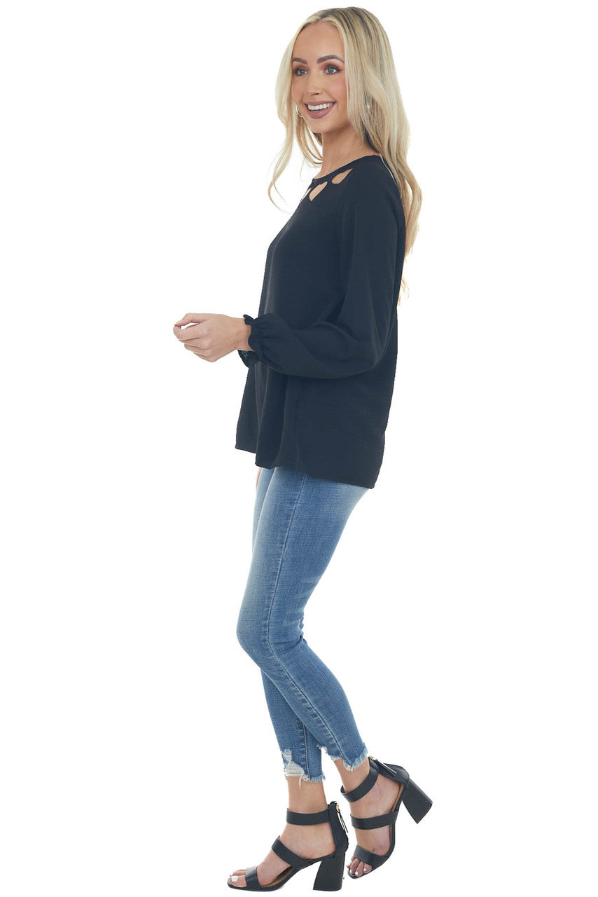 Black Heart Cut Out Long Ruffle Sleeve Top