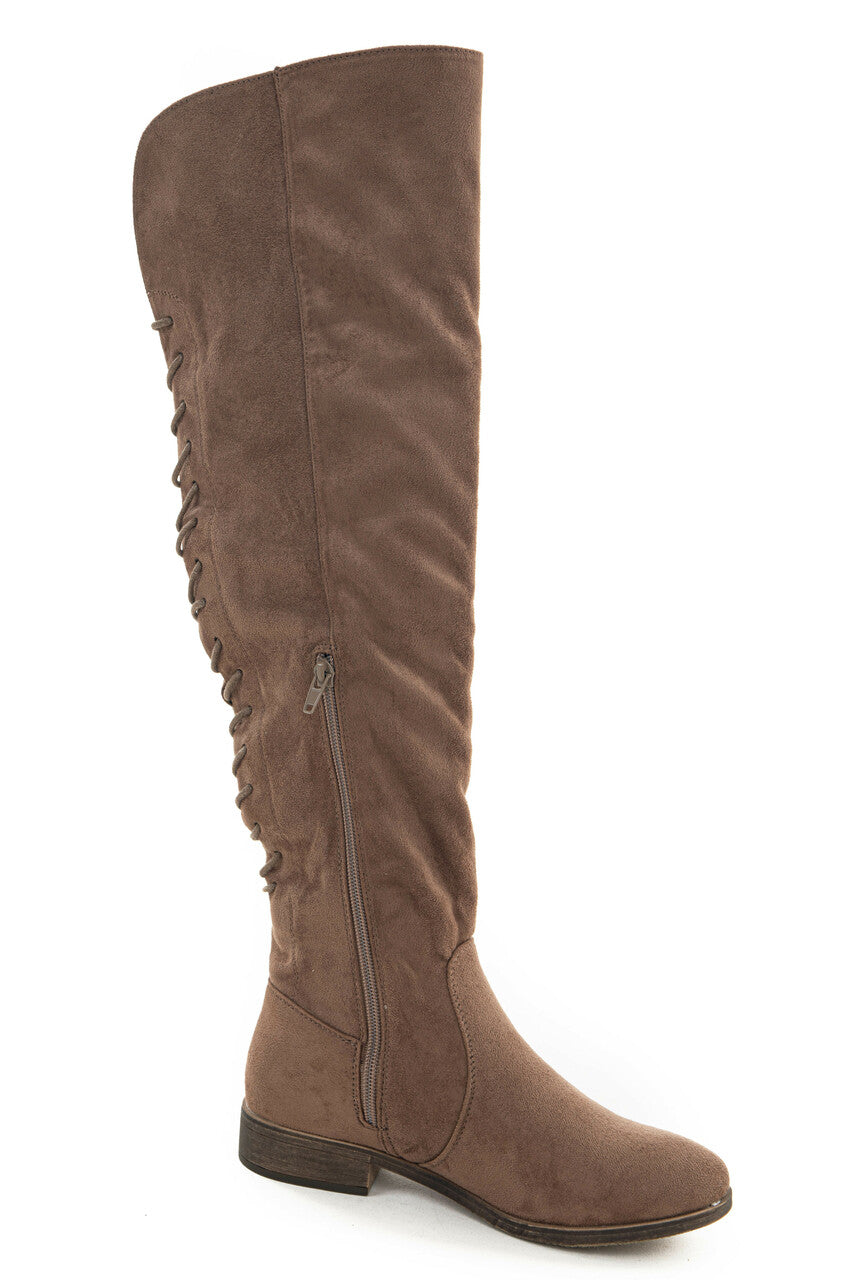 Taupe Faux Suede Knee High Back Lace Up Boots