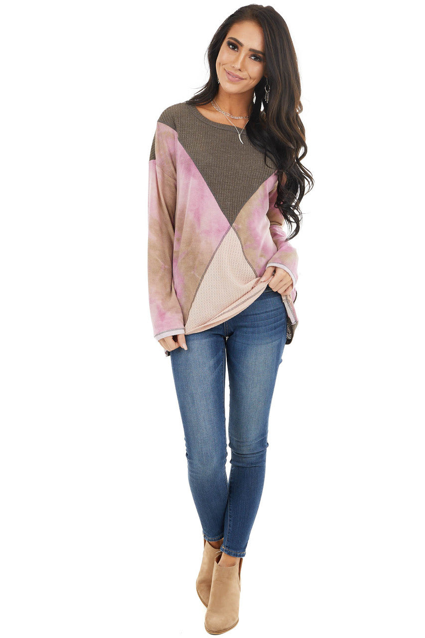 Taupe and Blush Colorblock Long Sleeve Top with Tie Dye 
