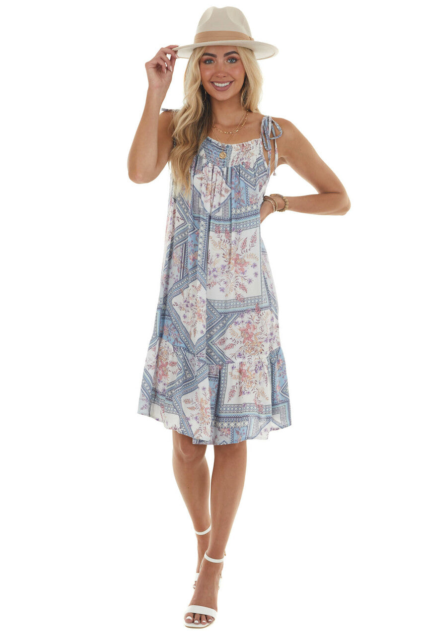 Powder Blue Printed Sleeveless Short Dress 