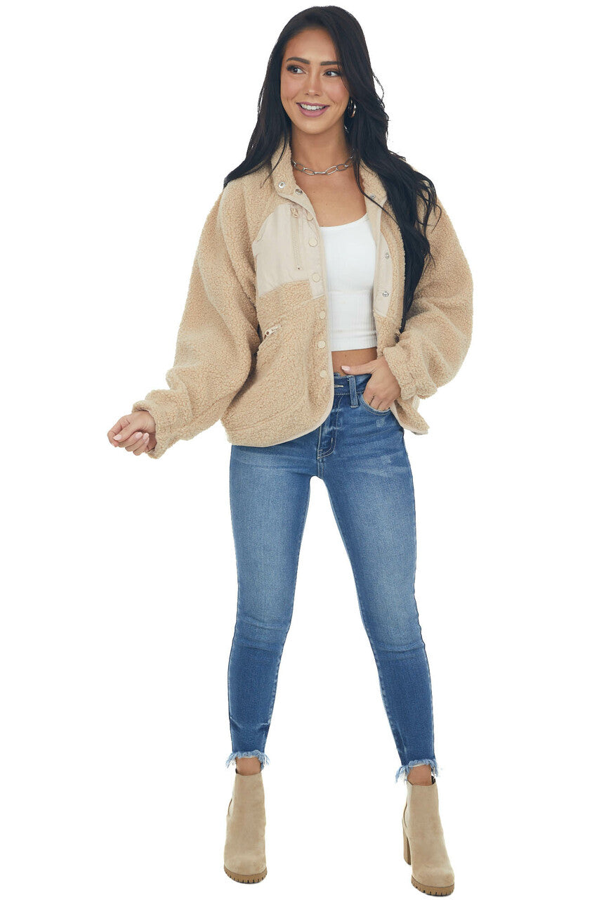 Camel High Neck Button Down Sherpa Jacket