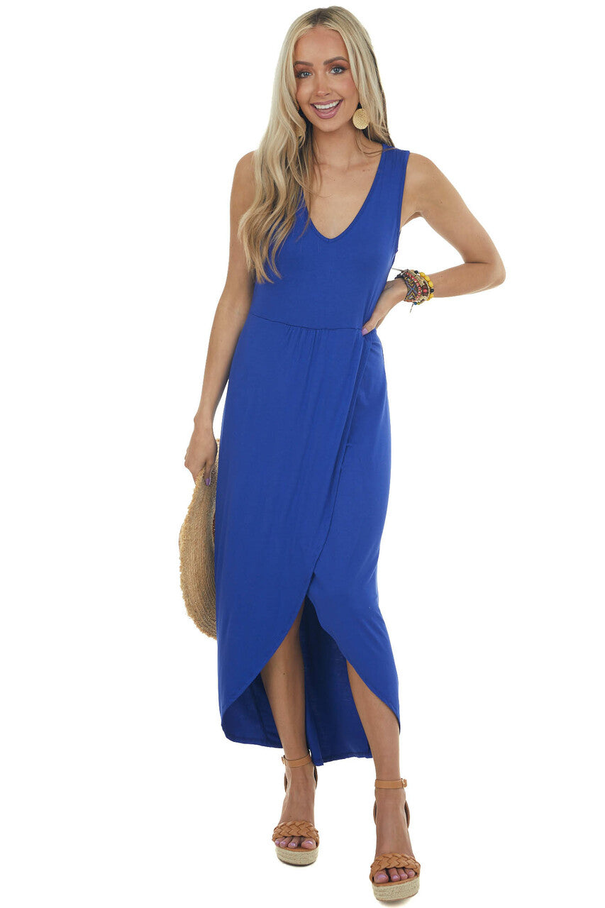 Royal Blue Drop Waist Sleeveless Maxi Dress with Side Slit