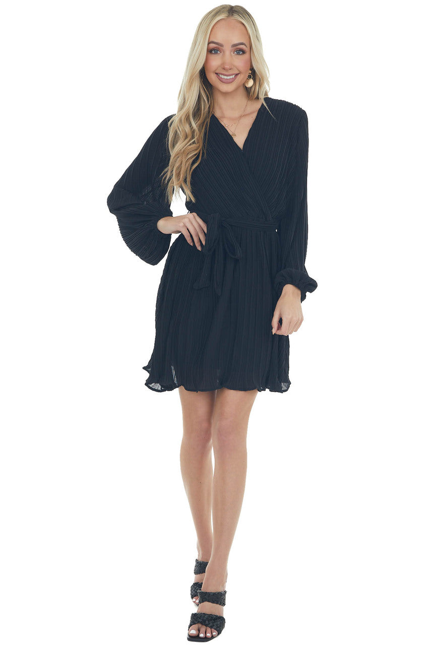 Black Pleated Surplice Neck Waist Tie Dress