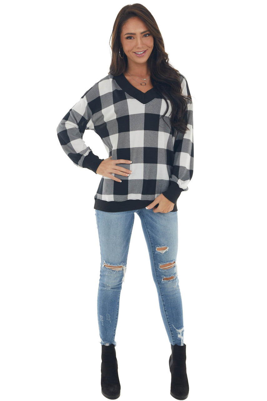 Off White Buffalo Plaid Long Sleeve Knit Top