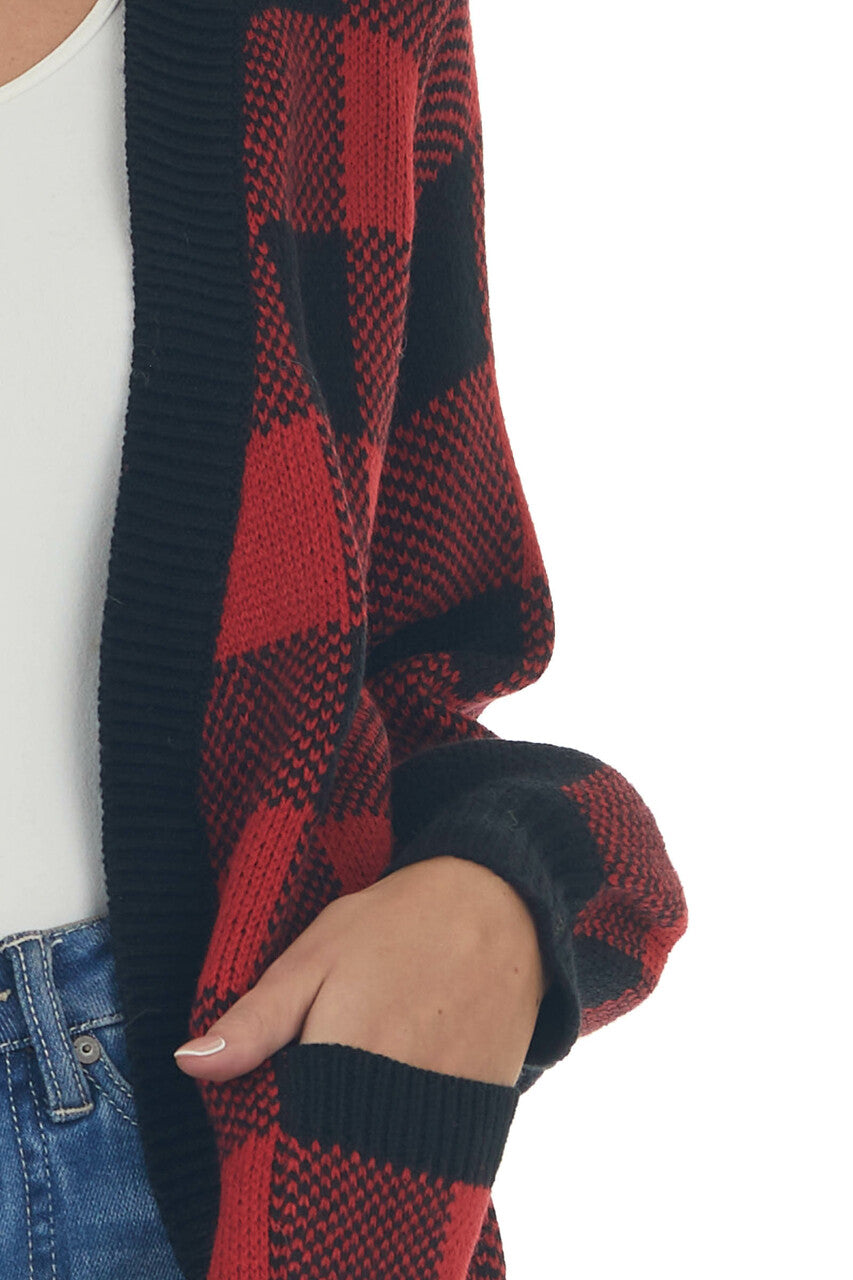 Pomegranate Buffalo Plaid Puff Sleeve Cardigan