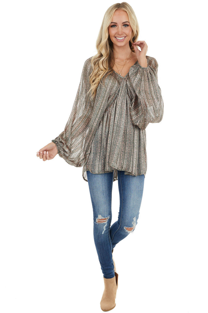 Forest Green Floral Print Long Puff Sleeve Babydoll Top