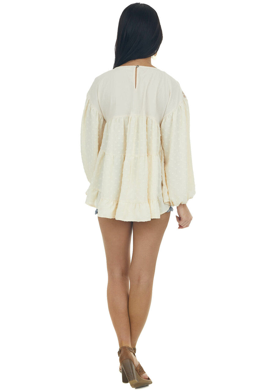Rich Champagne Embroidered Yoke Swiss Dot Top 