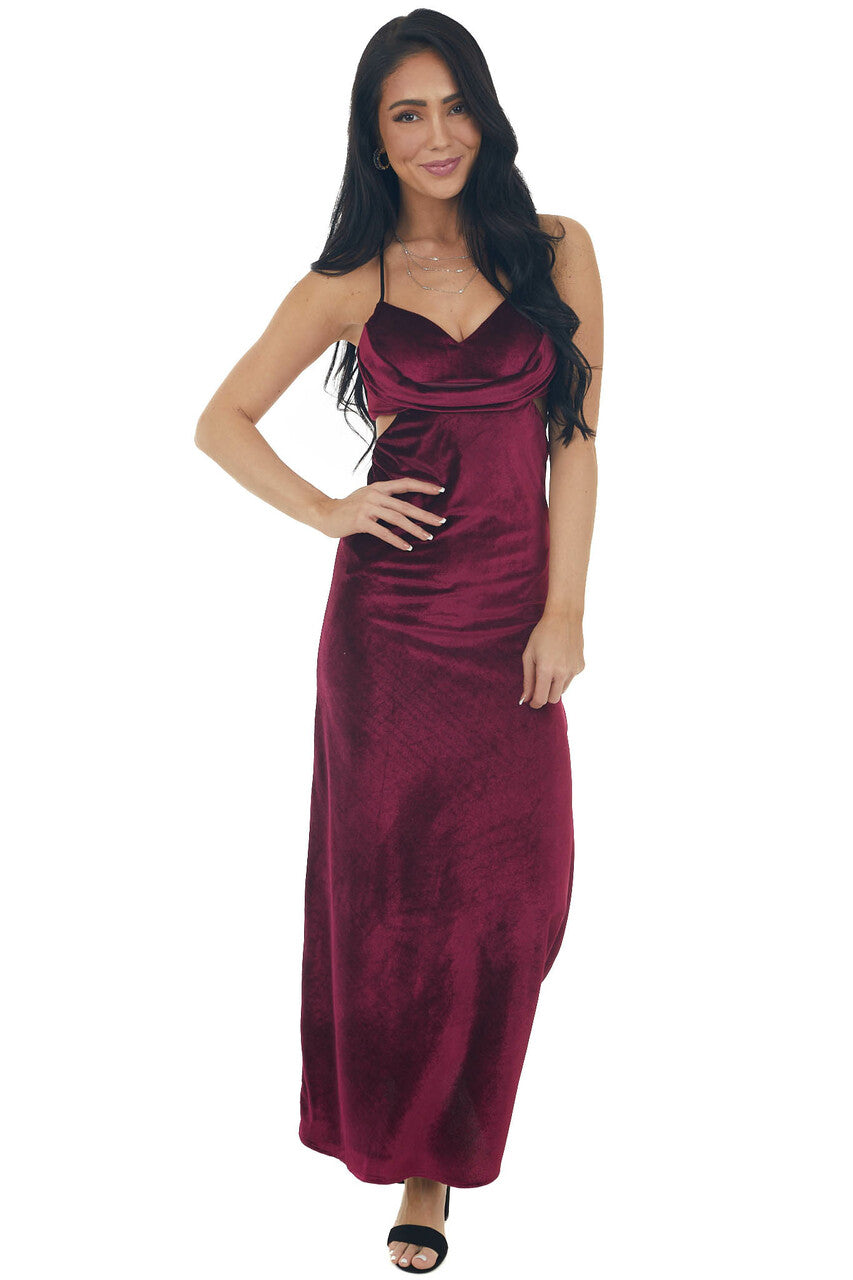 Vivid Wine Waist Cut Out Velvet Maxi Dress