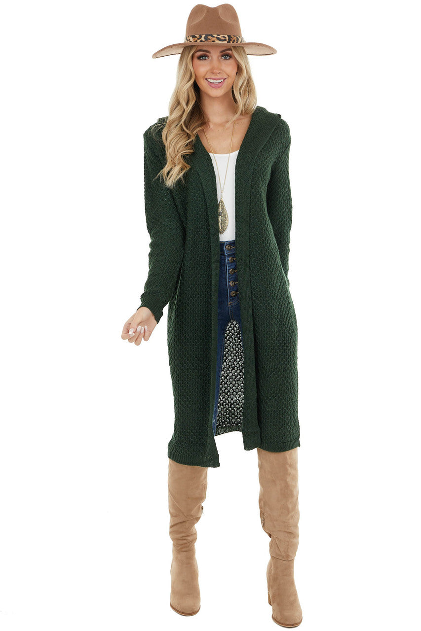 Forest Green Textured Loose Knit Duster Cardigan with Hood