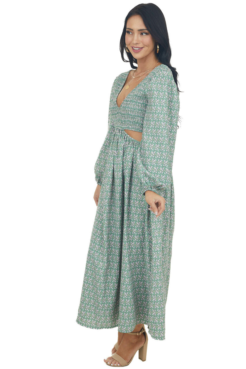 Hazy Jade Floral Print Side Cut Out Maxi Dress