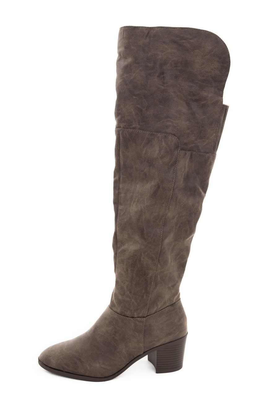 Taupe Textured Faux Leather Stacked Heel Boots