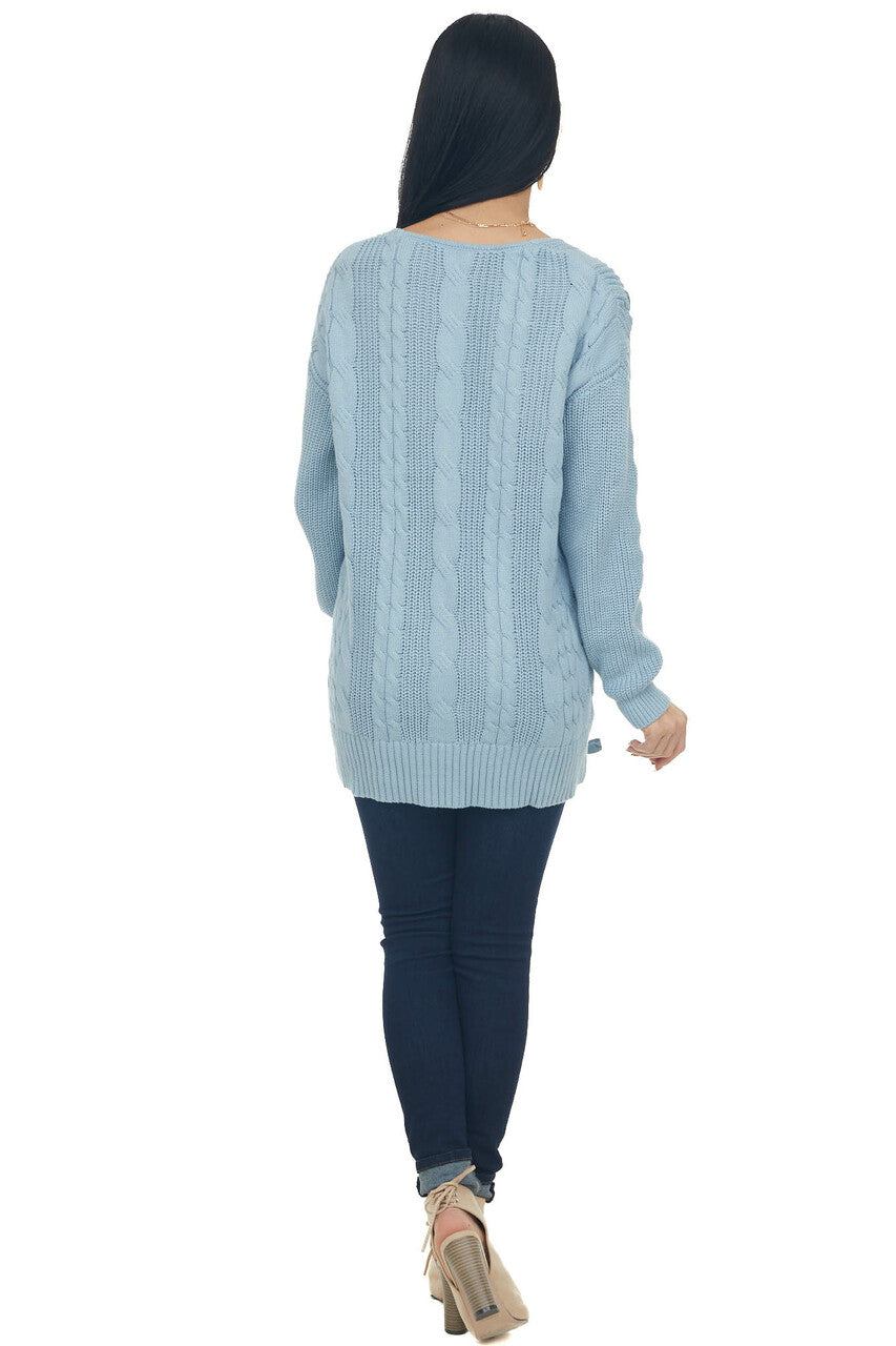 Powder Blue V Neck Loose Cable Knit Sweater