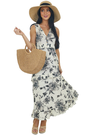 Champagne Floral Sleeveless Tiered Midi Dress