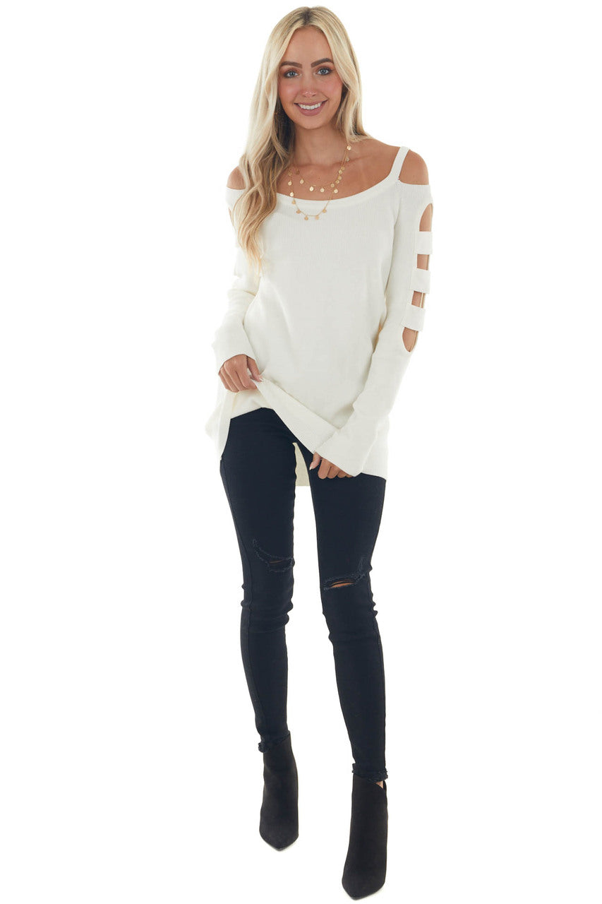 Ivory Ribbed Knit Sweater with Cut Out Sleeves 