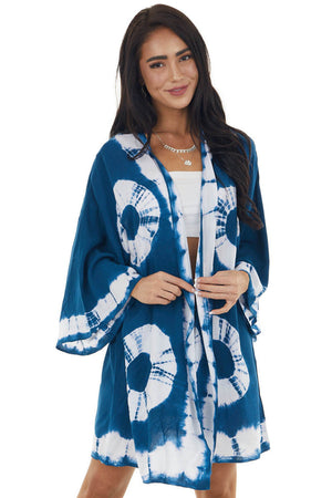 Sea Blue and Ivory Circle Tie Dye Woven Kimono 