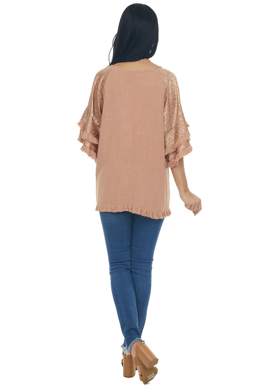 Apricot Leopard Tiered Sleeve Textured Blouse