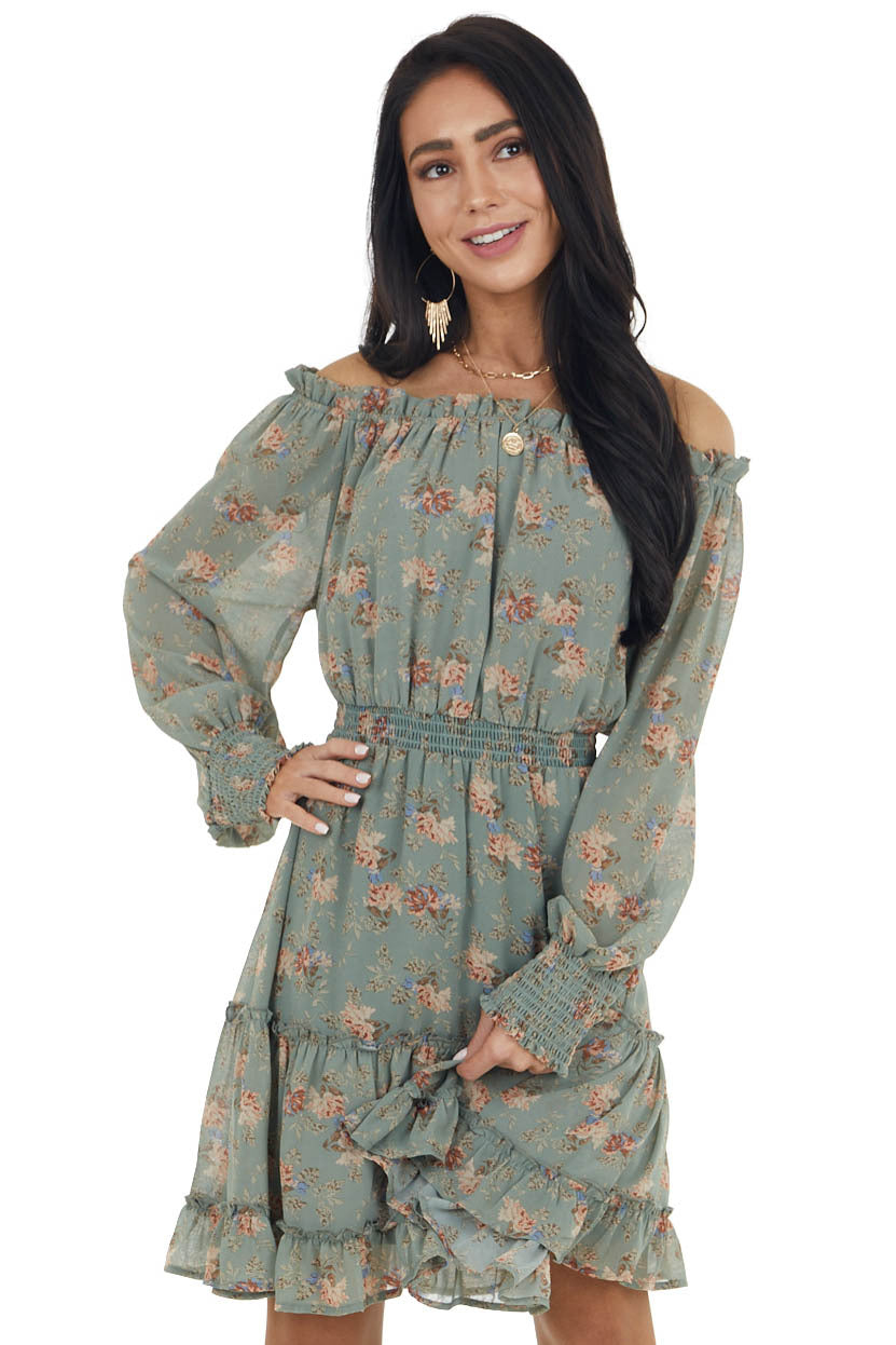 Sage Floral Print Off the Shoulder Short Woven Dress