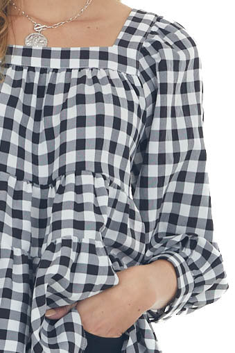 Black and Off White Gingham Print Woven Top