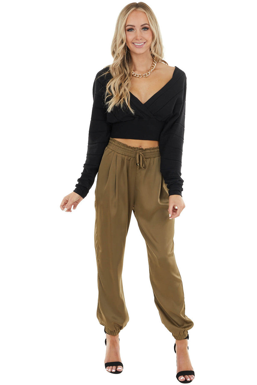 Black Surplice Long Sleeve Crop Top with Textured Stripes