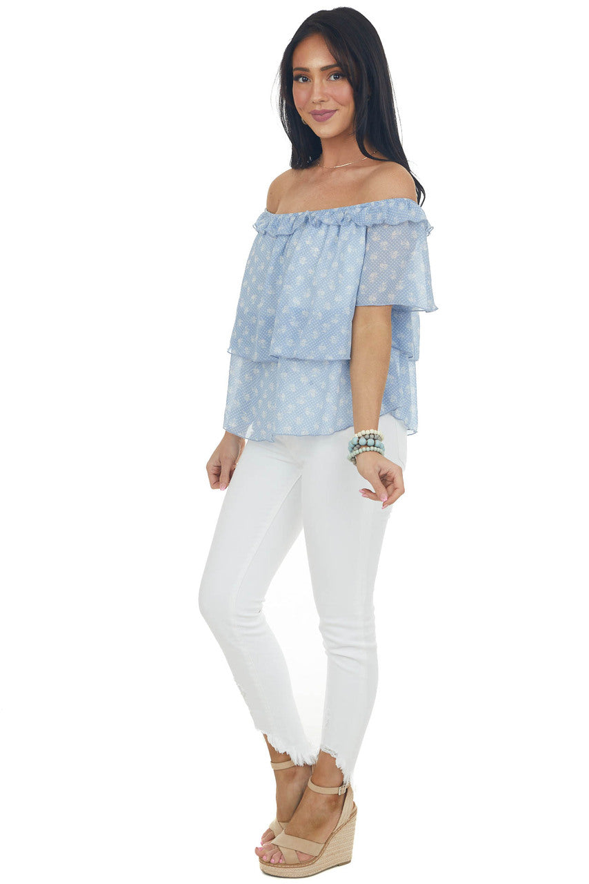 Cornflower Blue Printed Off Shoulder Woven Top