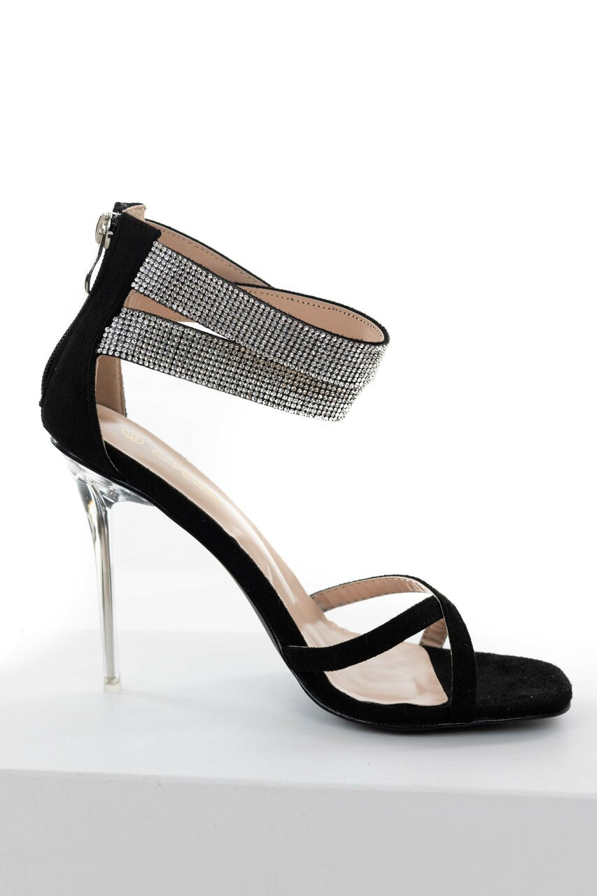 Black Suede and Rhinestone Strappy High Heels