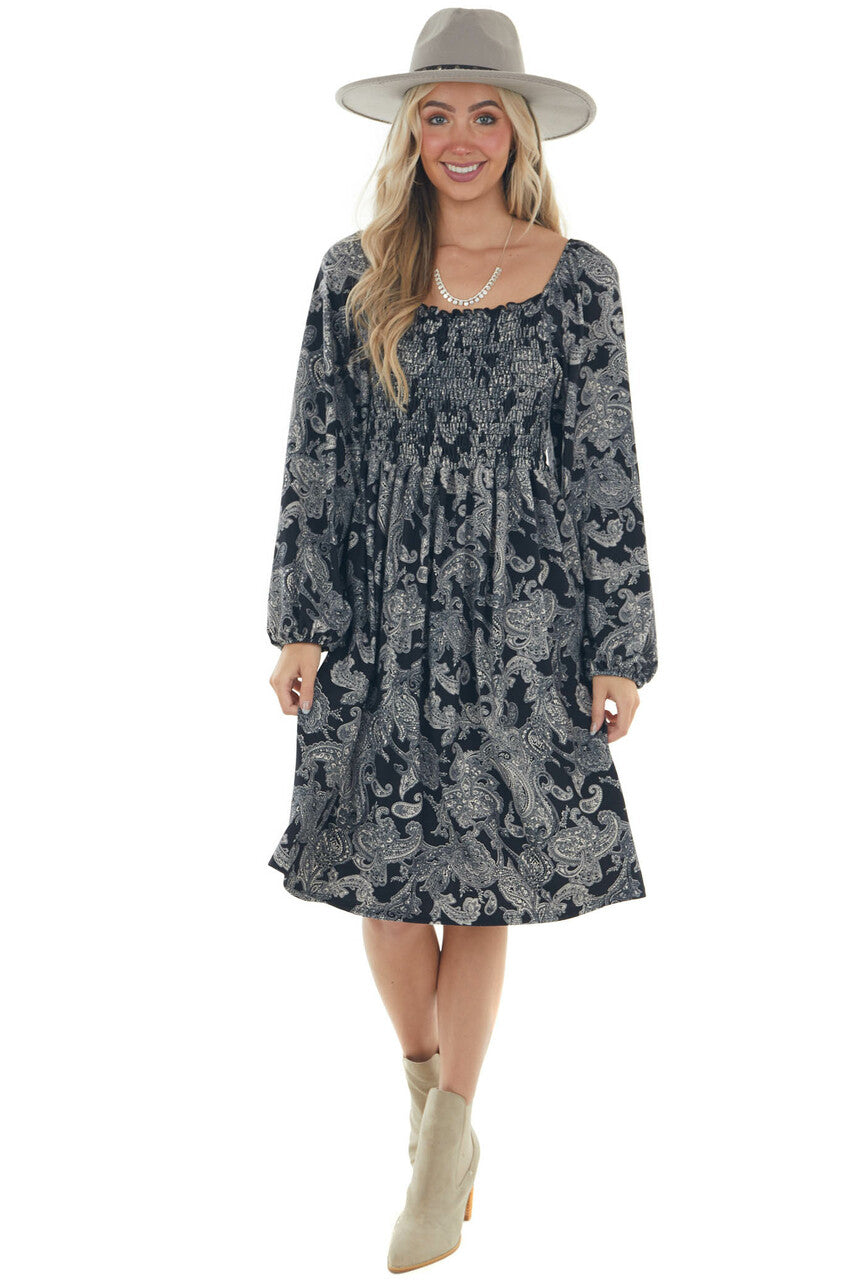 Black Paisley Print Smocked Bodice Midi Dress