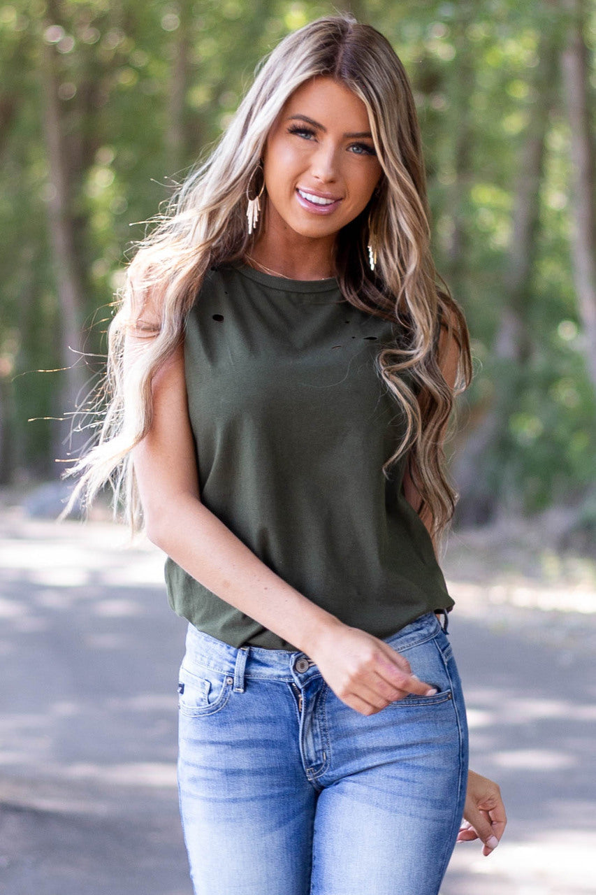Forest Green Muscle Tank with Laser Cut Hole Details 