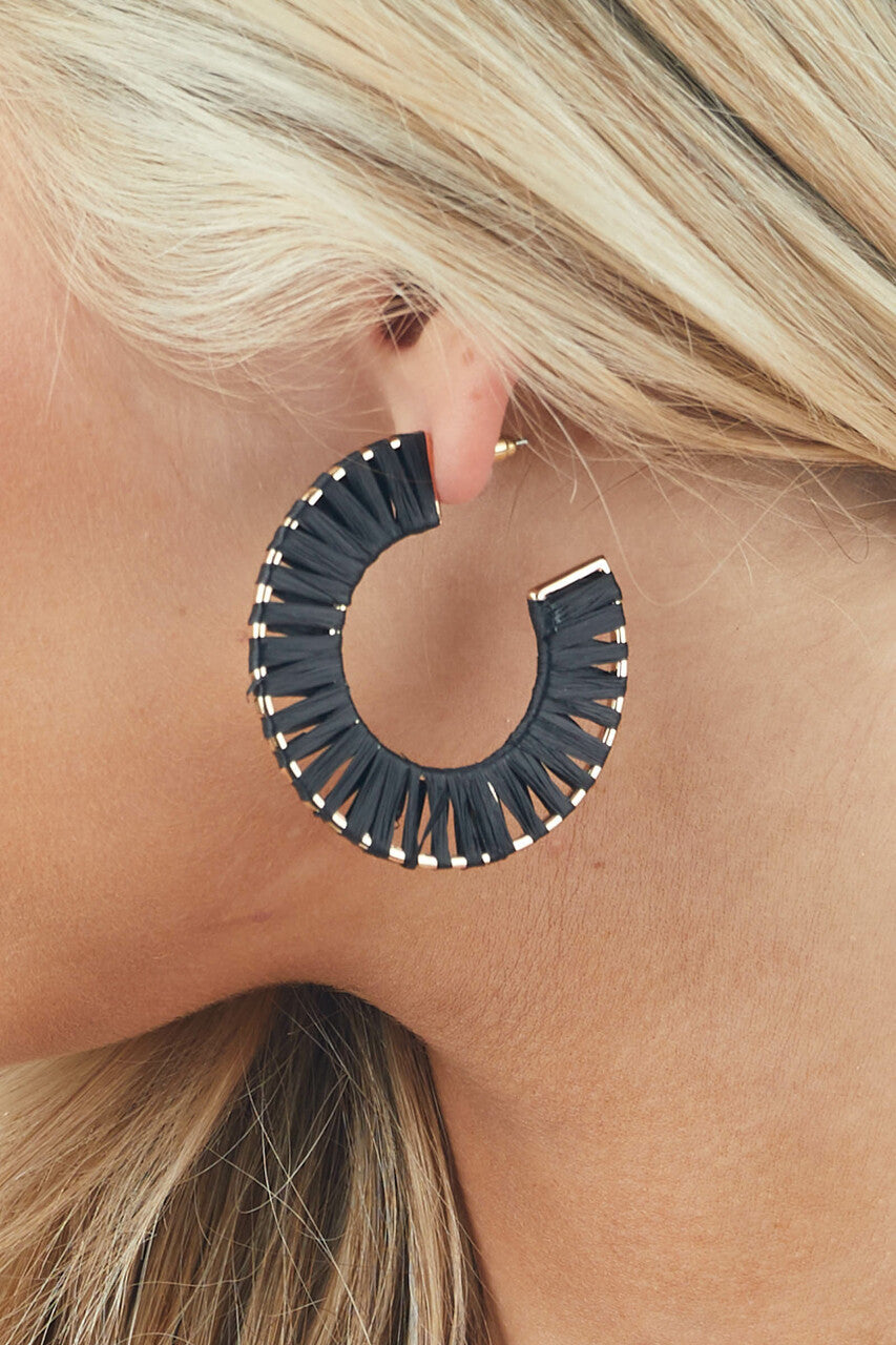 Black and Gold Accent Raffia Hoop Earrings