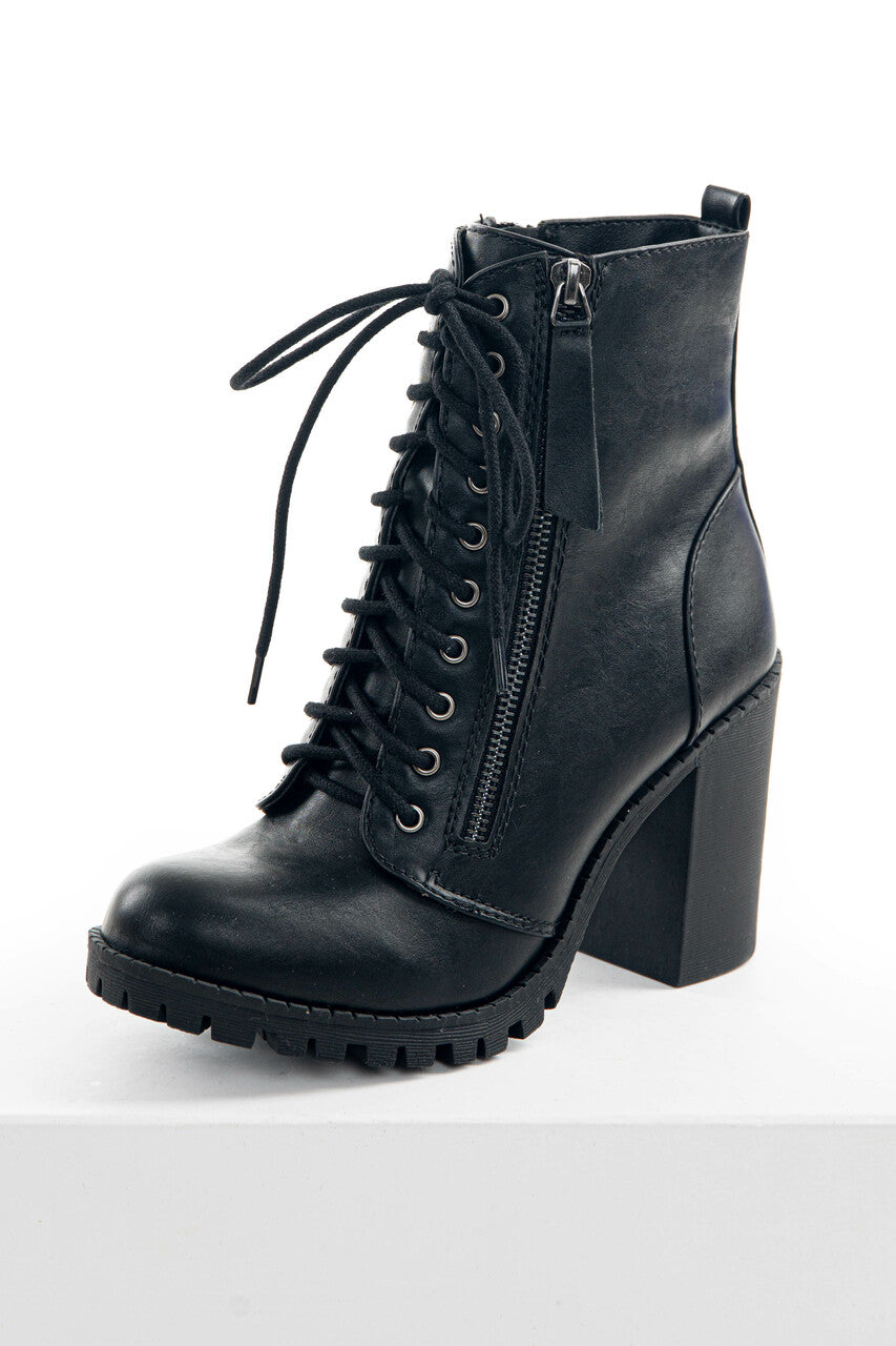 Black Faux Leather Heeled Combat Booties 